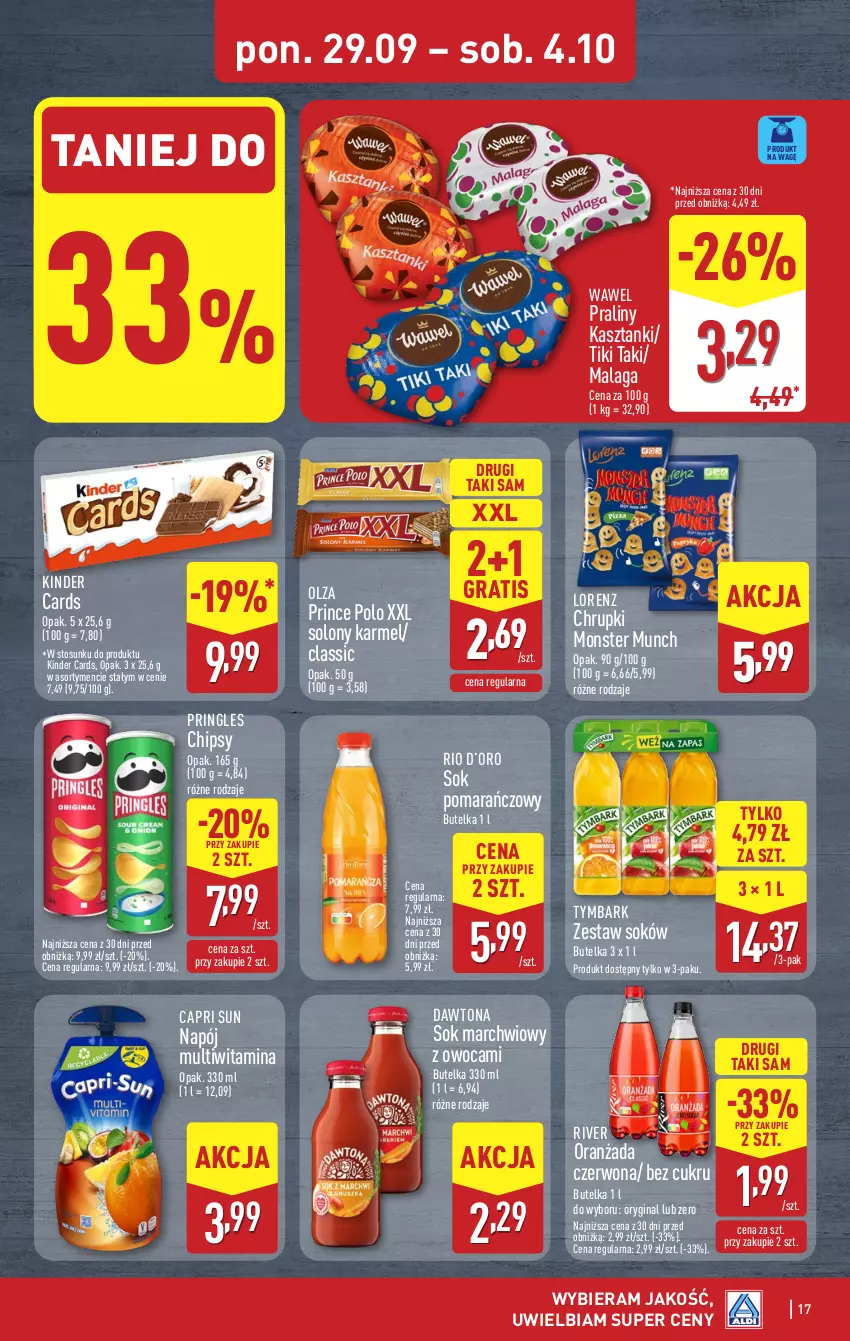 Gazetka promocyjna Aldi - Pełna oferta - ważna 29.09 do 04.10.2025 - strona 17 - produkty: Chipsy, Chrupki, Dawtona, Gin, Gra, Kinder, Lorenz, Monster Munch, Napój, Oranżada, Praliny, Prince Polo, Pringles, Sok, Sok pomarańczowy, Tymbark, Wawel