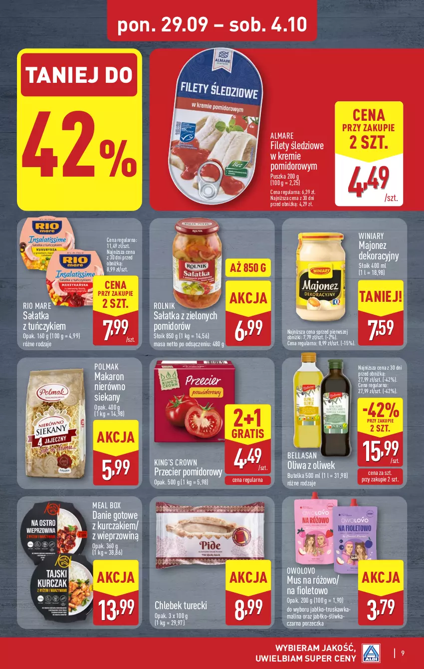 Gazetka promocyjna Aldi - Pełna oferta - ważna 29.09 do 04.10.2025 - strona 9 - produkty: Bell, Bella, Chleb, Danie gotowe, Gra, King’s Crown, Kurczak, Majonez, Makaron, Mus, Oliwa z oliwek, Olma, Por, Rio Mare, Rolnik, Sałat, Sałatka, Tuńczyk, Winiary