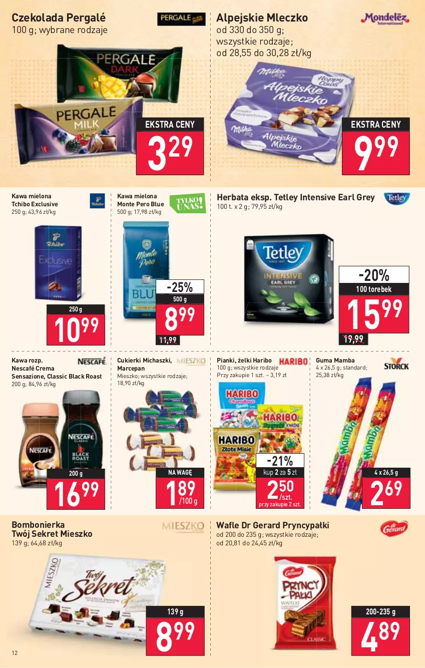 Gazetka promocyjna Stokrotka - Supermarket - ważna 20.01 do 26.01.2022 - strona 12 - produkty: Cukier, Cukierki, Czekolada, Dr Gerard, Earl Grey, Haribo, Herbata, Kawa, Kawa mielona, Kret, Lack, Mamba, Mleczko, Monte, Nescafé, Tchibo, Tetley, Wafle