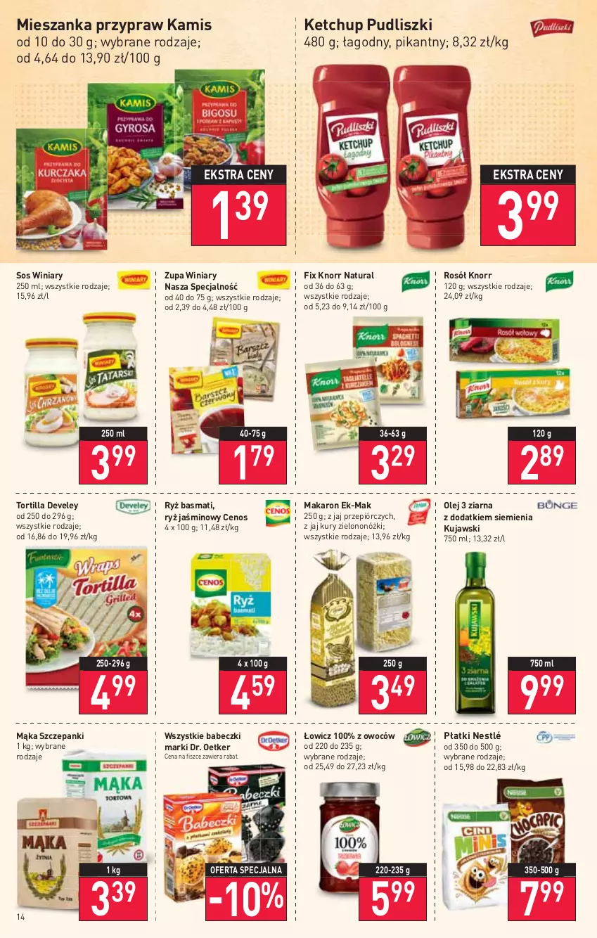 Gazetka promocyjna Stokrotka - Supermarket - ważna 20.01 do 26.01.2022 - strona 14 - produkty: Babeczki, Cenos, Dr. Oetker, Kamis, Ketchup, Knorr, Kujawski, Mąka, Makaron, Nestlé, Olej, Pudliszki, Rosół, Ryż, Ryż basmati, Sos, Tortilla, Winiary, Zupa