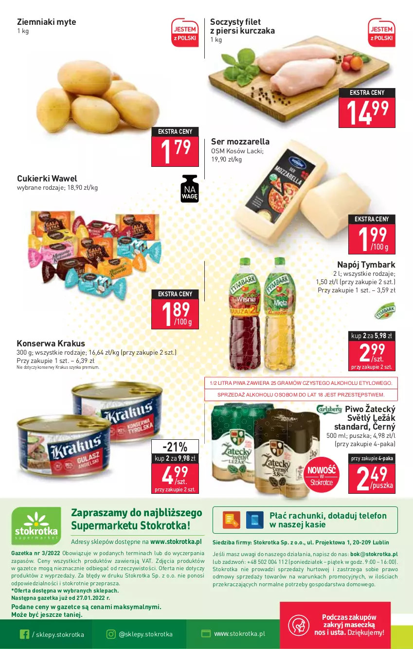 Gazetka promocyjna Stokrotka - Supermarket - ważna 20.01 do 26.01.2022 - strona 20 - produkty: Cukier, Cukierki, Filet z piersi kurczaka, Gra, Krakus, Kurczak, Lack, Mozzarella, Napój, O nas, Piwa, Piwo, Ser, Szynka, Szynka premium, Telefon, Tymbark, Wagi, Wawel, Ziemniaki