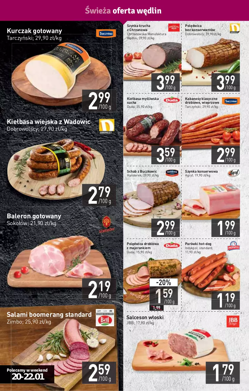 Gazetka promocyjna Stokrotka - Supermarket - ważna 20.01 do 26.01.2022 - strona 4 - produkty: Chrzan, Duda, Fa, Gry, HP, Kabanos, Kiełbasa, Kiełbasa wiejska, Kurczak, Kurczak gotowany, Parówki, Polędwica, Salami, Salceson, Ser, Sok, Sokołów, Szynka, Szynka konserwowa, Tarczyński