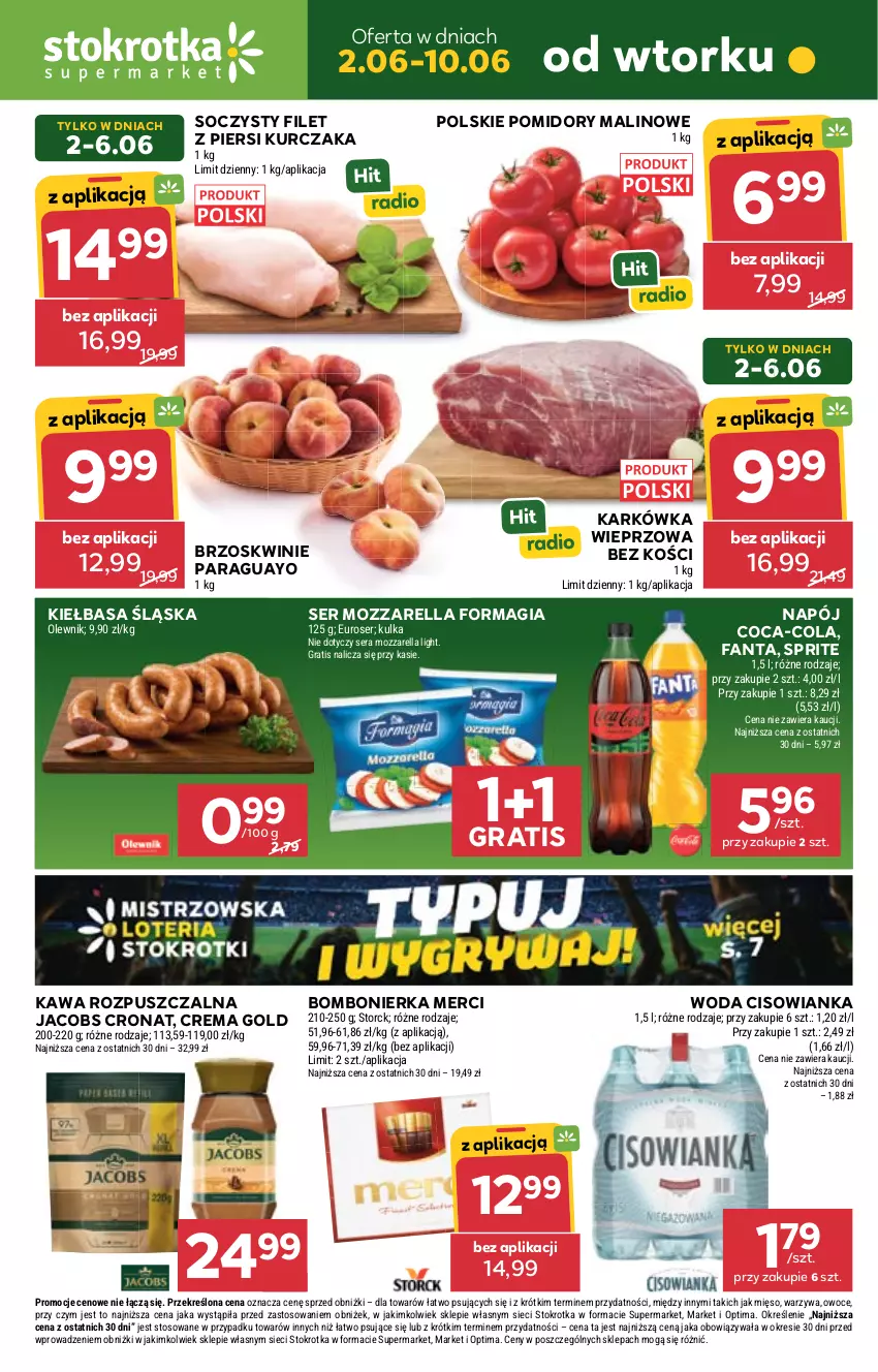 Gazetka promocyjna Stokrotka - Express - ważna 11.06 do 17.06.2026 - strona 1 - produkty: Brzoskwinie, Cisowianka, Coca-Cola, Fa, Fanta, Filet z piersi kurczaka, Gra, Jacobs, Karkówka wieprzowa, Kawa, Kawa rozpuszczalna, Kiełbasa, Kiełbasa śląska, Kurczak, Merci, Mięso, Mozzarella, Napój, Olewnik, Optima, Owoce, Pomidory, Ser, Sprite, Warzywa, Woda