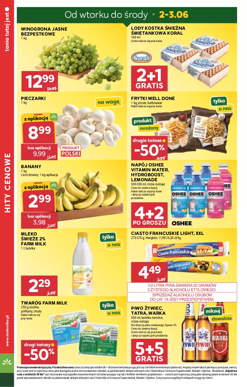 Gazetka promocyjna Stokrotka - Express - ważna 11.06 do 17.06.2026 - strona 2 - produkty: Banany, Ciasto francuskie, Fa, Farm Milk, Frytki, Gra, Lody, Mięso, Mleko, Napój, Optima, Oshee, Owoce, Piec, Piwa, Piwo, Tatra, Twaróg, Warka, Warzywa, Wino, Winogrona