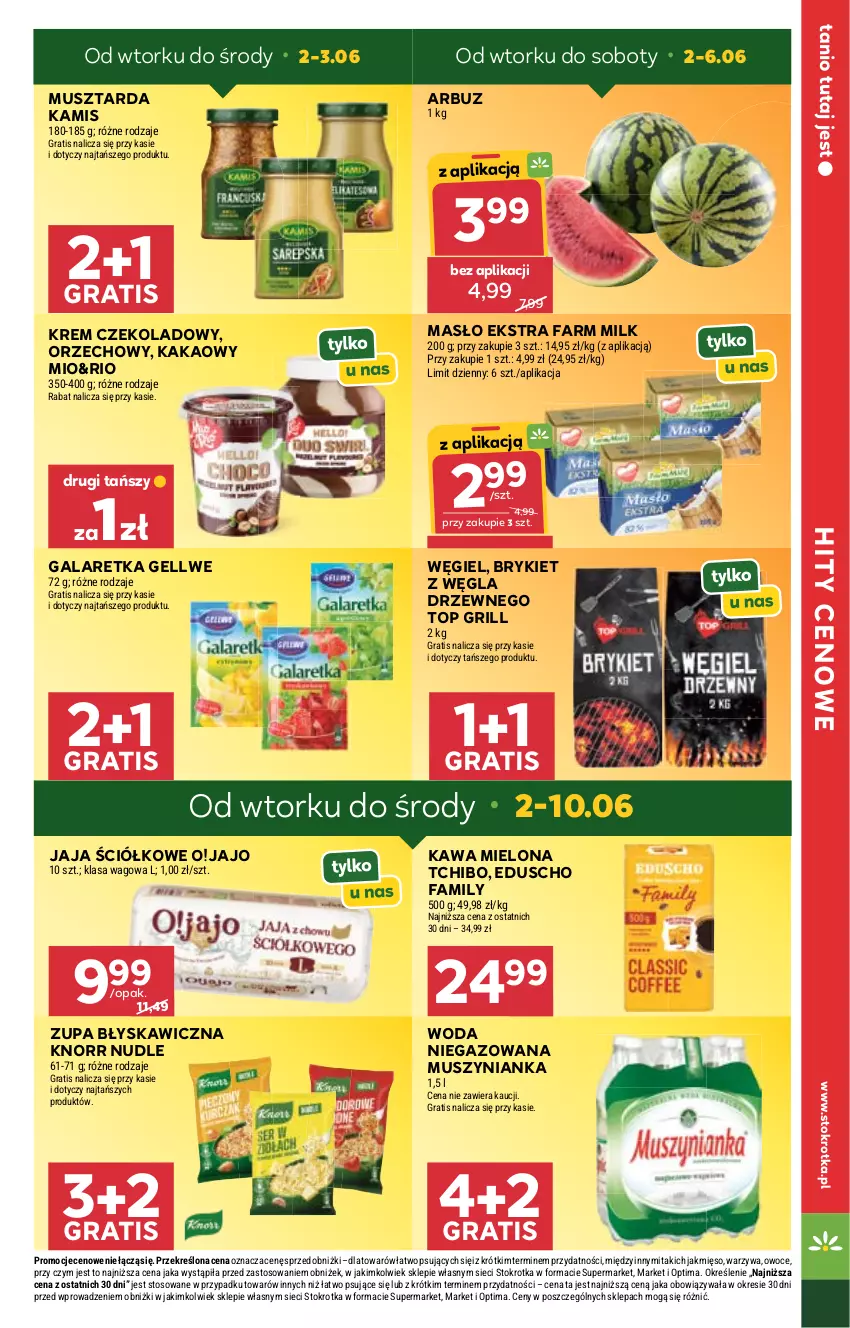 Gazetka promocyjna Stokrotka - Express - ważna 11.06 do 17.06.2026 - strona 3 - produkty: Arbuz, Fa, Farm Milk, Gala, Galaretka, Gra, Grill, Jaja, Kakao, Kamis, Kawa, Kawa mielona, Knorr, Masło, Mięso, Mus, Musztarda, Muszynianka, Optima, Owoce, Tchibo, Top, Warzywa, Woda, Woda niegazowana, Zupa