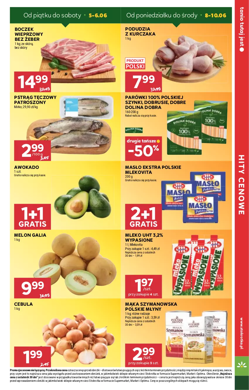 Gazetka promocyjna Stokrotka - Express - ważna 11.06 do 17.06.2026 - strona 5 - produkty: Boczek, Boczek wieprzowy, Cebula, Gra, Kurczak, Mąka, Masło, Melon, Mięso, Mleko, Mlekovita, Obrus, Optima, Owoce, Parówki, Polskie Młyny, Pstrąg, Pstrąg tęczowy, Warzywa
