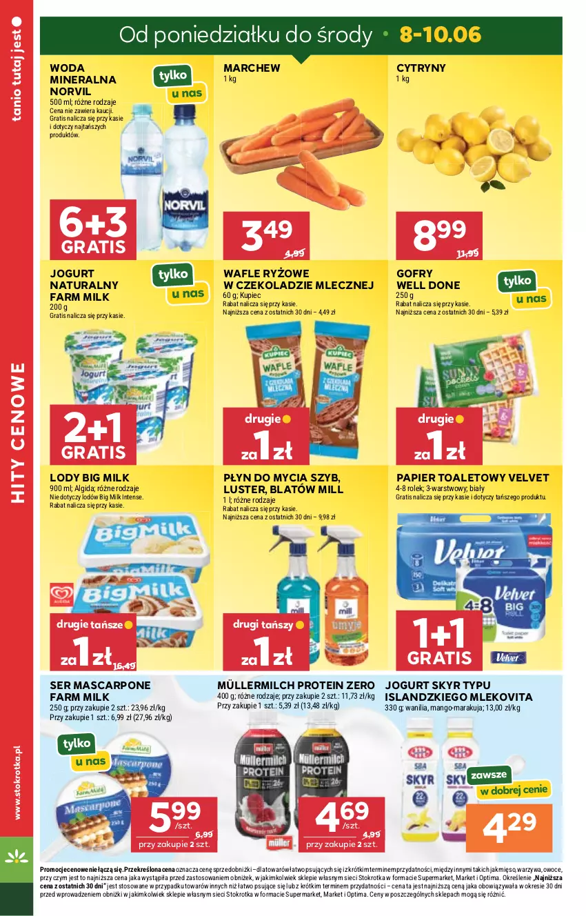 Gazetka promocyjna Stokrotka - Express - ważna 11.06 do 17.06.2026 - strona 6 - produkty: Algida, Big Milk, Cytryny, Fa, Farm Milk, Gofry, Gra, Isla, Jogurt, Jogurt naturalny, Kupiec, LG, Lody, Mango, Mascarpone, Mięso, Mleko, Mlekovita, Müller, Müllermilch, Optima, Owoce, Papier, Papier toaletowy, Piec, Płyn do mycia, Ryż, Ser, Velvet, Wafle, Warzywa, Woda, Woda mineralna