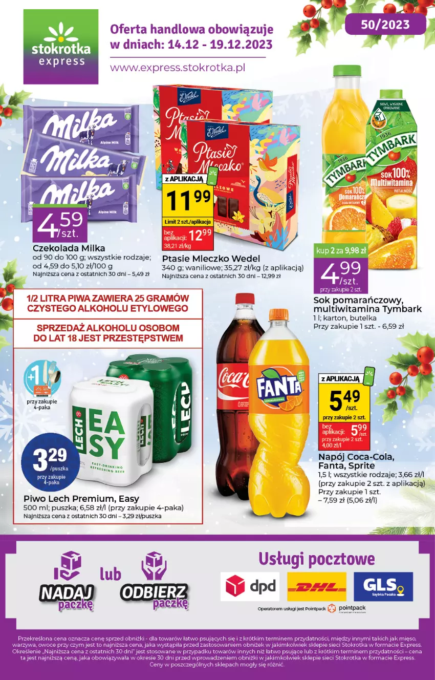 Gazetka promocyjna Stokrotka - Stokrotka Express - ważna 14.12 do 20.12.2023 - strona 1 - produkty: Coca-Cola, Czekolada, Fa, Fanta, Lech Premium, Mięso, Milka, Mleczko, Napój, Piwo, Ptasie mleczko, Sok, Sok pomarańczowy, Sprite, Tymbark