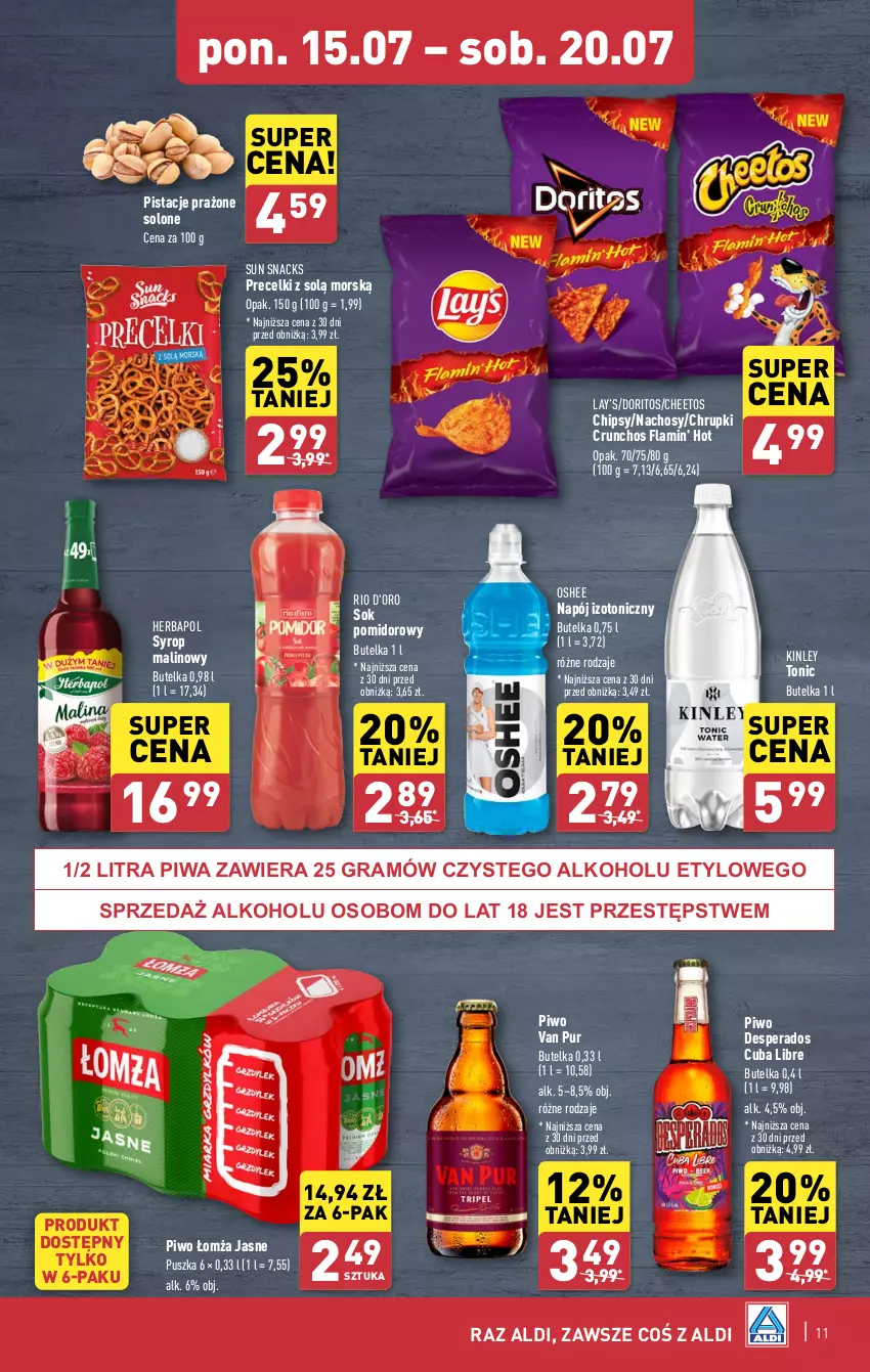 Gazetka promocyjna Aldi - Pełna oferta - ważna 15.07 do 20.07.2024 - strona 11 - produkty: Cheetos, Chipsy, Chrupki, Desperados, Gra, Herbapol, Lay’s, Napój, Napój izotoniczny, Oshee, Pistacje, Piwa, Piwo, Precelki, Pur, Sok, Sok pomidorowy, Syrop