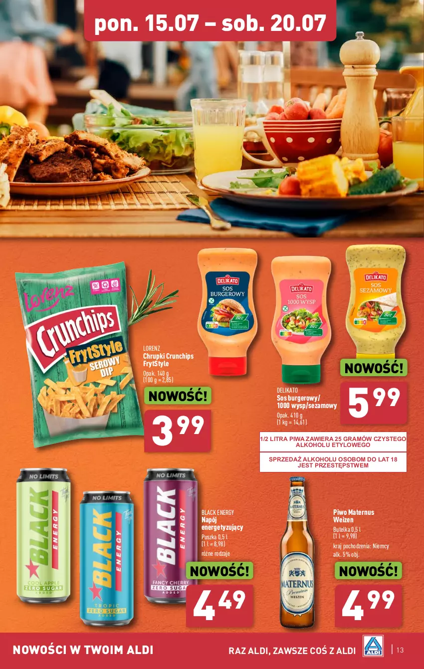 Gazetka promocyjna Aldi - Pełna oferta - ważna 15.07 do 20.07.2024 - strona 13 - produkty: Burger, Chrupki, Crunchips, Gra, Lack, Lorenz, Napój, Piwa, Piwo, Sezam, Sos