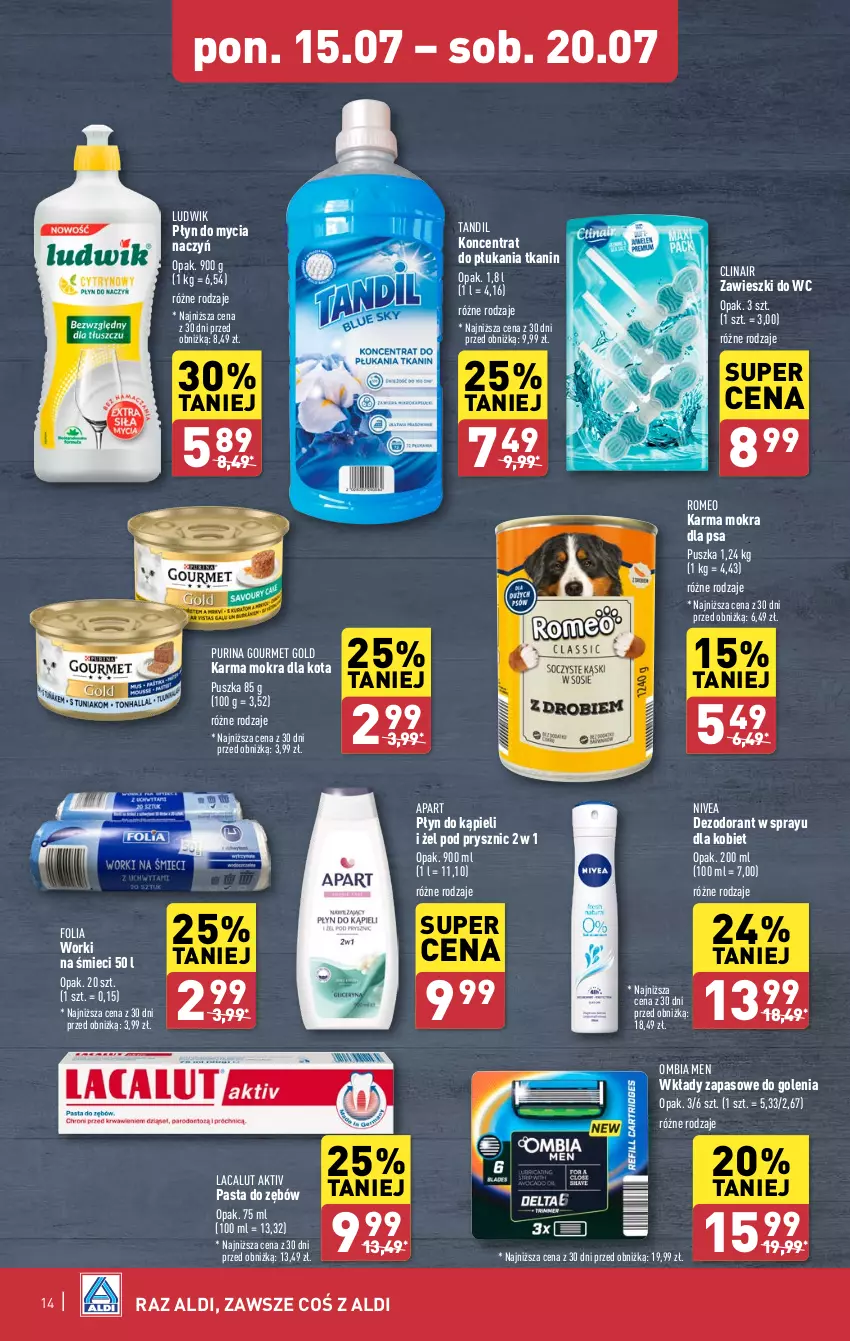 Gazetka promocyjna Aldi - Pełna oferta - ważna 15.07 do 20.07.2024 - strona 14 - produkty: Clin, Dezodorant, Do mycia naczyń, Gourmet Gold, Lacalut, Ludwik, Nivea, Pasta do zębów, Płyn do kąpieli, Płyn do mycia, Płyn do mycia naczyń, Pur, Purina, Worki na śmiec, Worki na śmieci, Zawieszki