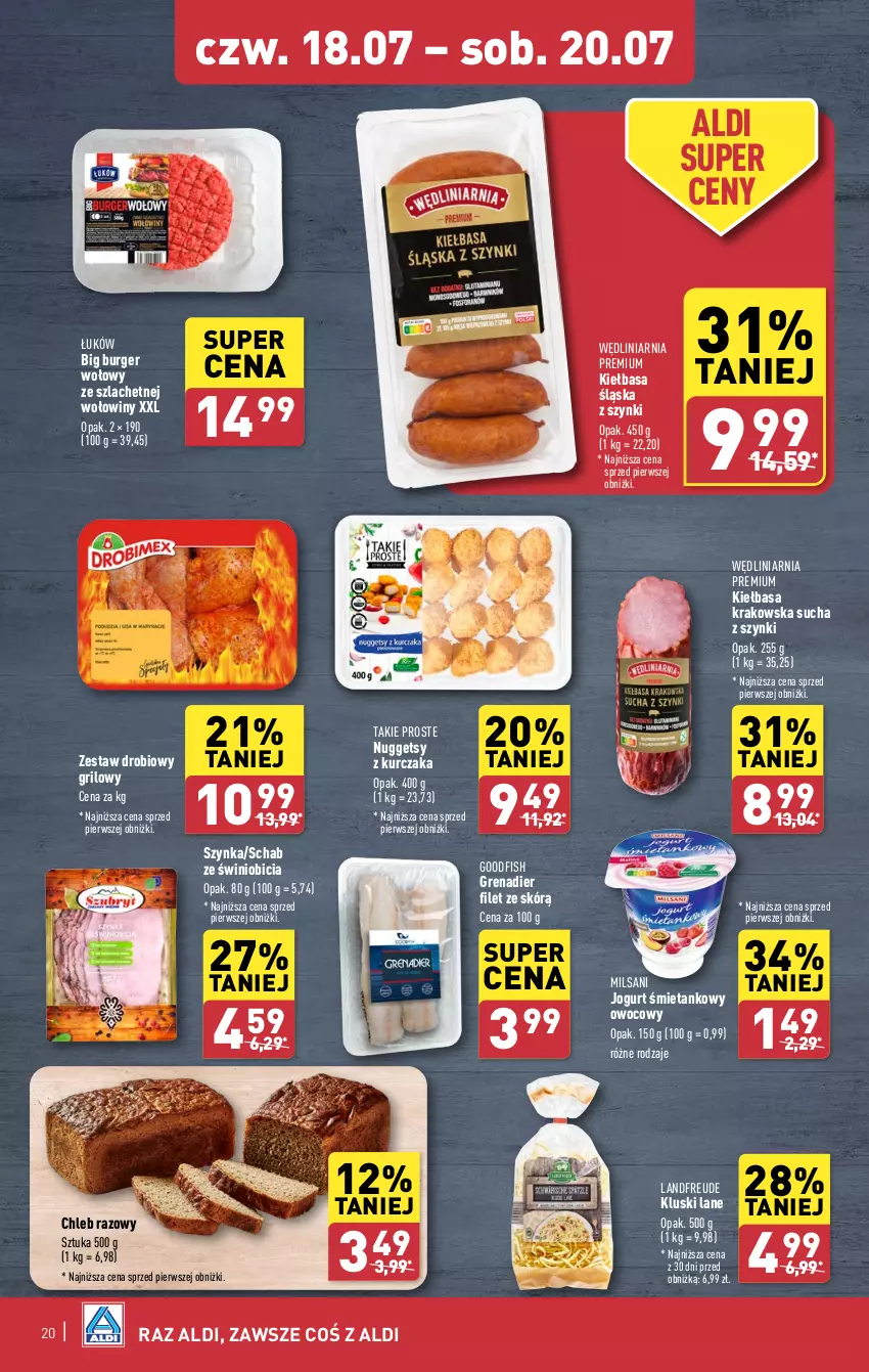 Gazetka promocyjna Aldi - Pełna oferta - ważna 15.07 do 20.07.2024 - strona 20 - produkty: BIC, Burger, Chleb, Grenadier, Jogurt, Kiełbasa, Kiełbasa krakowska, Kiełbasa śląska, Kurczak, Szynka