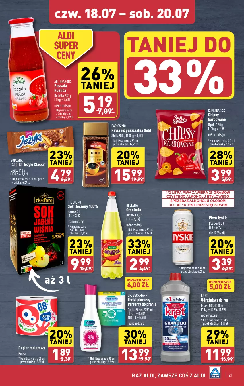 Gazetka promocyjna Aldi - Pełna oferta - ważna 15.07 do 20.07.2024 - strona 21 - produkty: All Seasons, Chipsy, Ciastka, Goplana, Gra, Hellena, Jeżyki, Kawa, Kawa rozpuszczalna, Kret, LANA, Oranżada, Papier, Papier toaletowy, Perfum, Piwa, Piwo, Rust, Sok, Tyskie