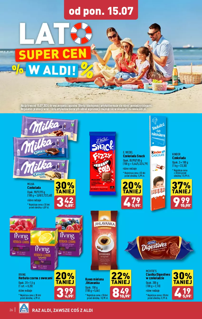 Gazetka promocyjna Aldi - Pełna oferta - ważna 15.07 do 20.07.2024 - strona 26 - produkty: Ciastka, Czekolada, E. Wedel, Herbata, Herbata czarna, Irving, Kawa, Kawa mielona, Kinder, Milka