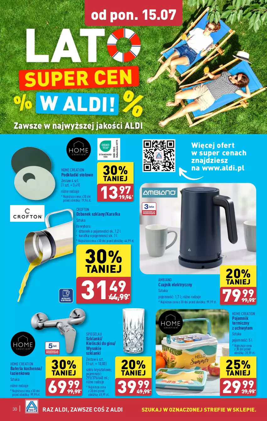 Gazetka promocyjna Aldi - Pełna oferta - ważna 15.07 do 20.07.2024 - strona 30 - produkty: Bateria, Bateria kuchenna, Czajnik, Czajnik elektryczny, Dzbanek, Gin, Karafka, Lanki, Podkład, Pojemnik, Sok