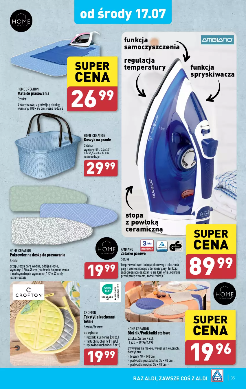 Gazetka promocyjna Aldi - Pełna oferta - ważna 15.07 do 20.07.2024 - strona 35 - produkty: Bieżnik, Fa, Fartuch kuchenny, Kosz, Podkład, Pokrowiec, Pokrowiec na deskę, Ręcznik, Rękawice, Top