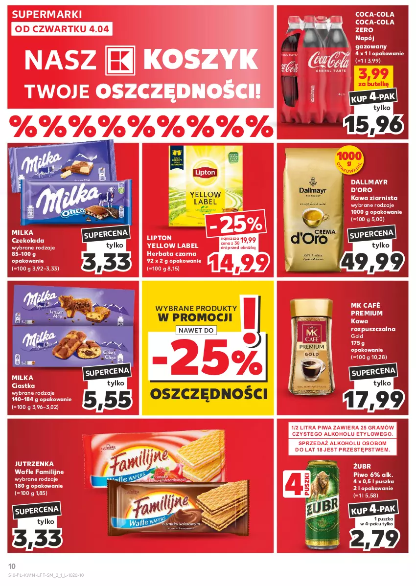 Gazetka promocyjna Kaufland - Gazetka tygodnia - ważna 04.04 do 10.04.2024 - strona 10 - produkty: Ciastka, Coca-Cola, Czekolada, Dallmayr, Fa, Gra, Herbata, Herbata czarna, Jutrzenka, Kawa, Kawa rozpuszczalna, Kawa ziarnista, Kosz, Lipton, Milka, Napój, Napój gazowany, Piwa, Piwo, Wafle