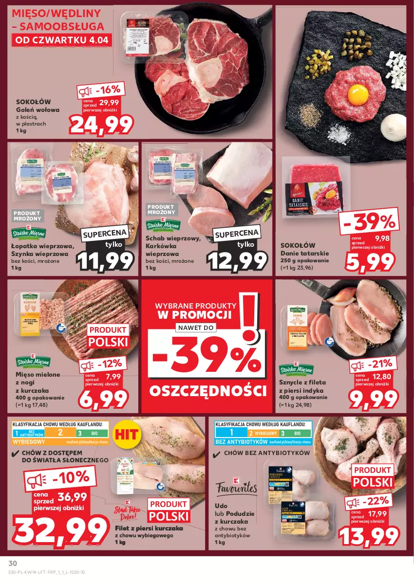 Gazetka promocyjna Kaufland - Gazetka tygodnia - ważna 04.04 do 10.04.2024 - strona 30 - produkty: Filet z piersi kurczaka, Karkówka wieprzowa, Kurczak, Mięso, Mięso mielone, Podudzie z kurczaka, Schab wieprzowy, Sok, Sokołów, Szynka, Szynka wieprzowa