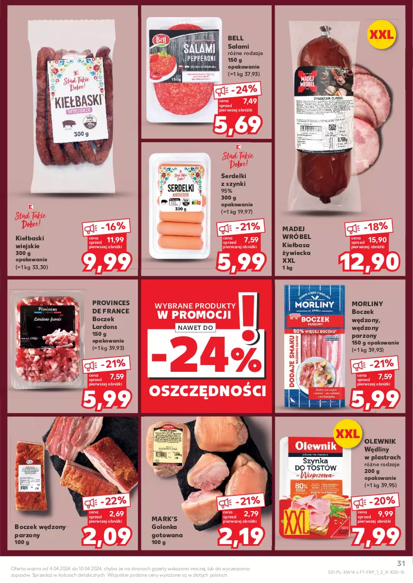 Gazetka promocyjna Kaufland - Gazetka tygodnia - ważna 04.04 do 10.04.2024 - strona 31 - produkty: Bell, Boczek, Kiełbasa, Madej Wróbel, Morliny, Olewnik, Salami, Ser, Serdelki