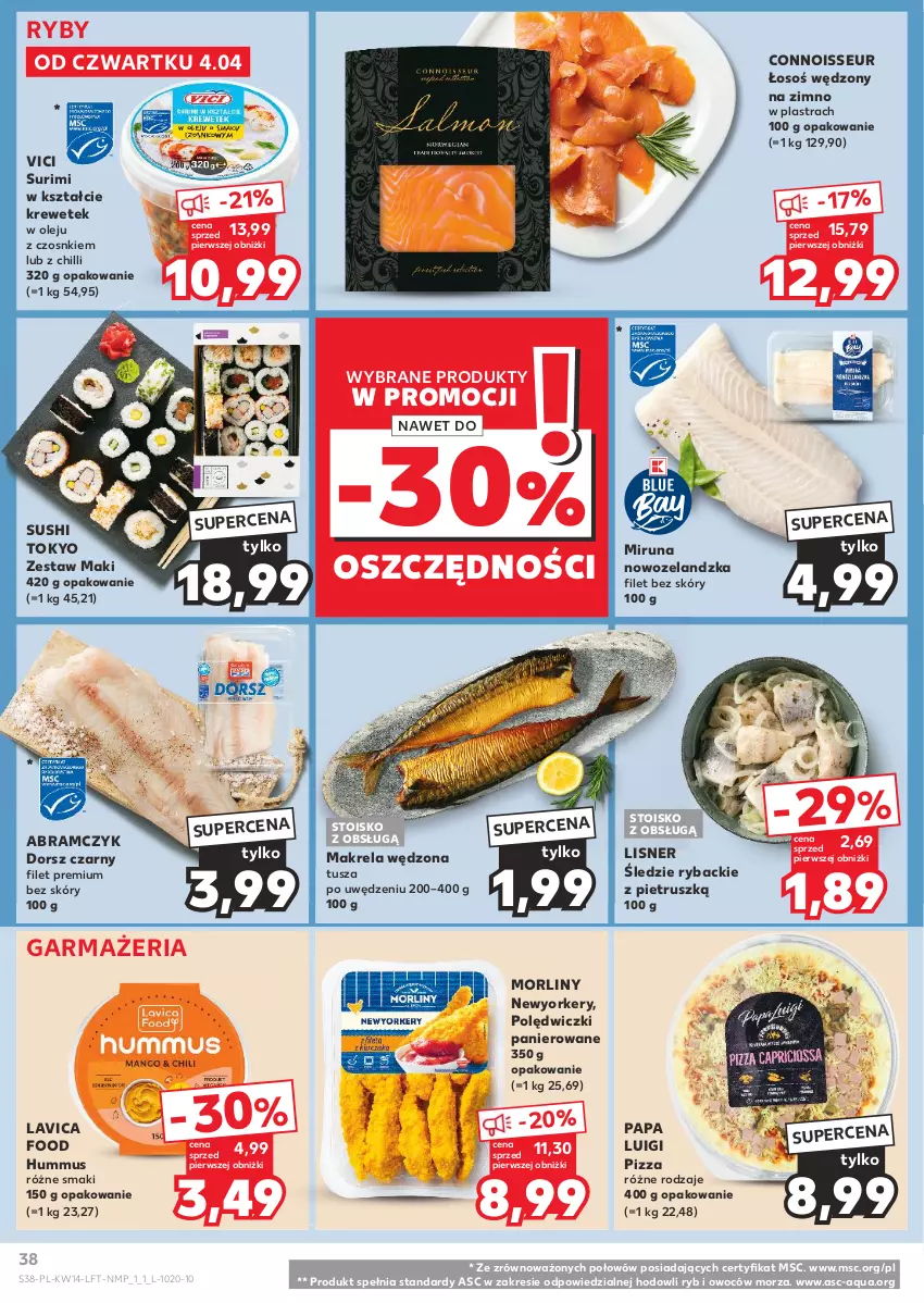 Gazetka promocyjna Kaufland - Gazetka tygodnia - ważna 04.04 do 10.04.2024 - strona 38 - produkty: Dorsz, Hummus, Lisner, Miruna, Morliny, Mus, Olej, Pizza, Polędwiczki panierowane, Ryba, Surimi, Sushi, Tusz