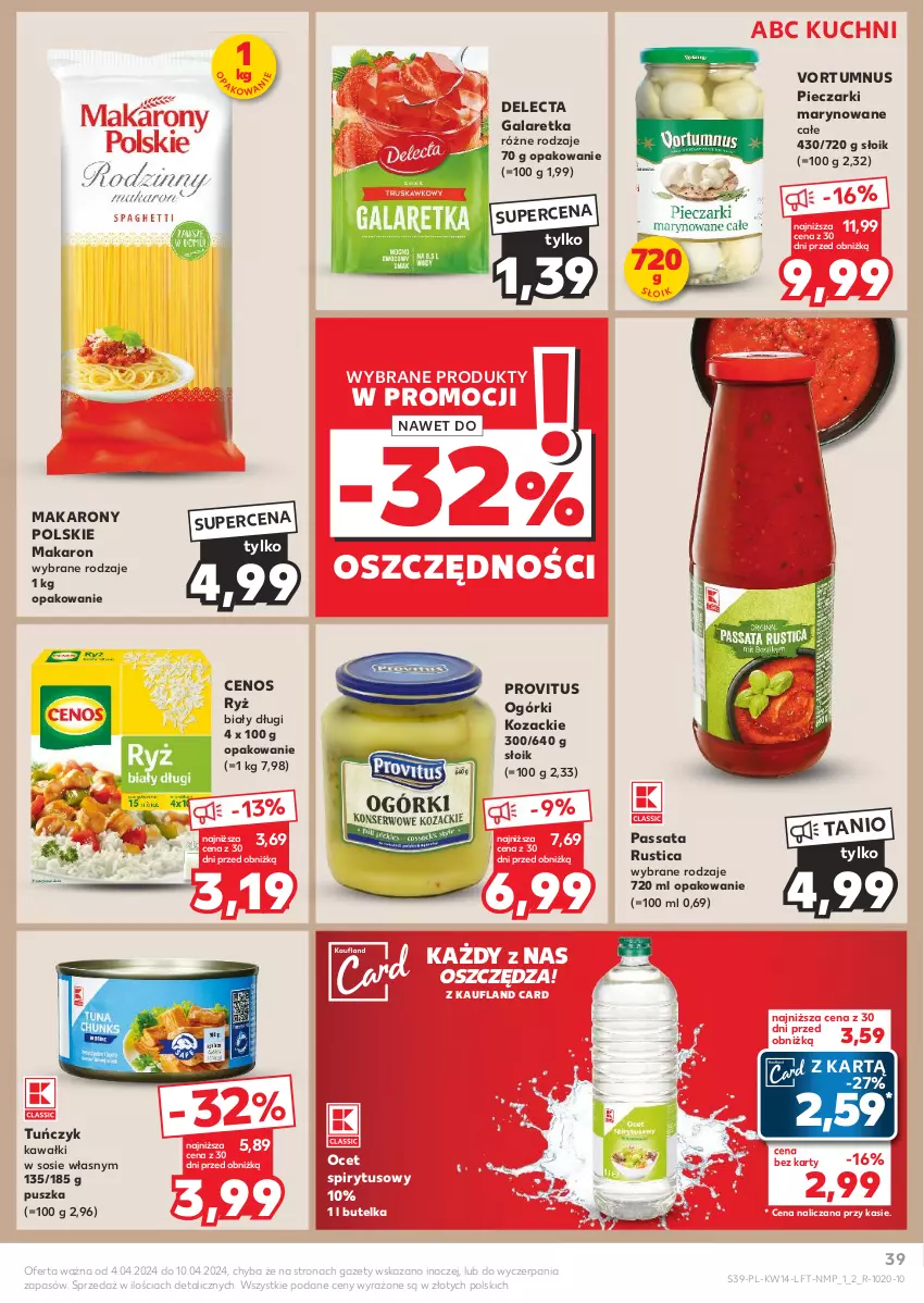 Gazetka promocyjna Kaufland - Gazetka tygodnia - ważna 04.04 do 10.04.2024 - strona 39 - produkty: Cenos, Delecta, Gala, Galaretka, Kawa, Makaron, Ocet, Piec, Rust, Ryż, Sos, Tuńczyk