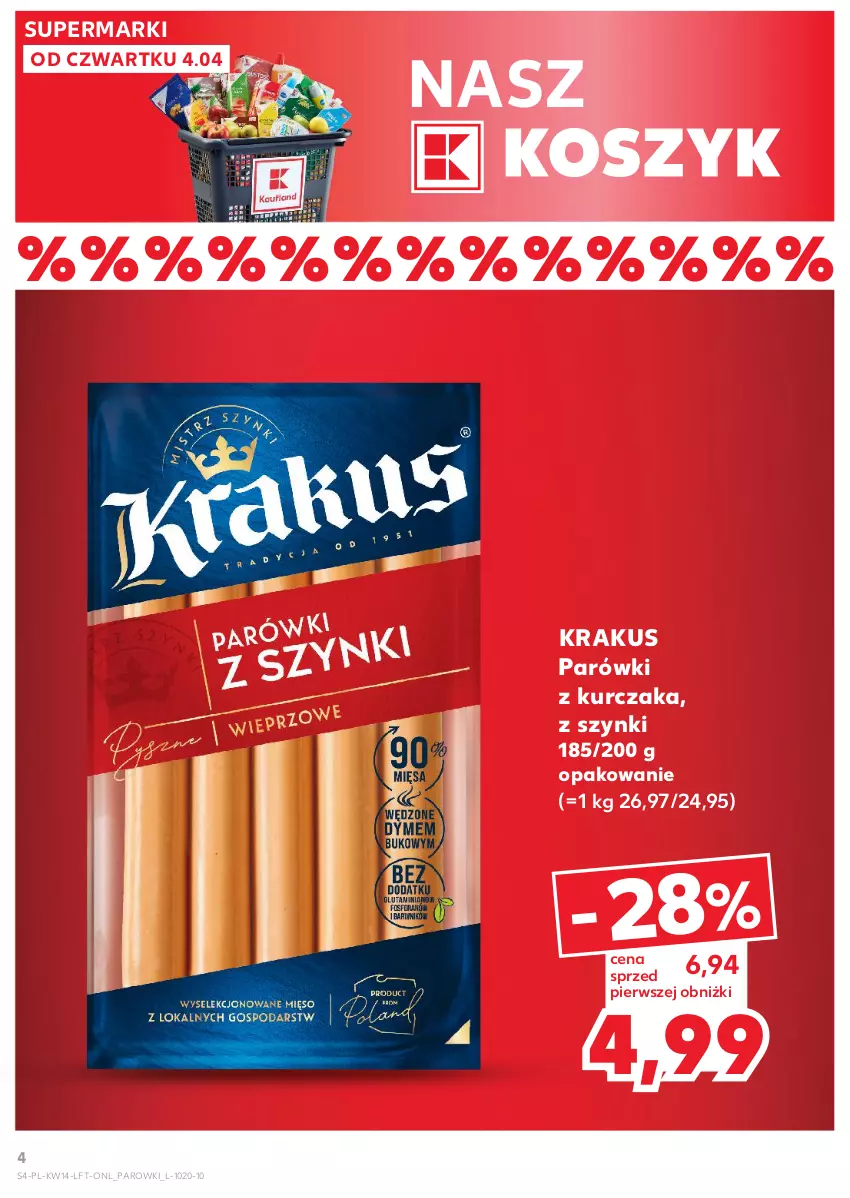 Gazetka promocyjna Kaufland - Gazetka tygodnia - ważna 04.04 do 10.04.2024 - strona 4 - produkty: Kosz, Krakus, Kurczak, Parówki