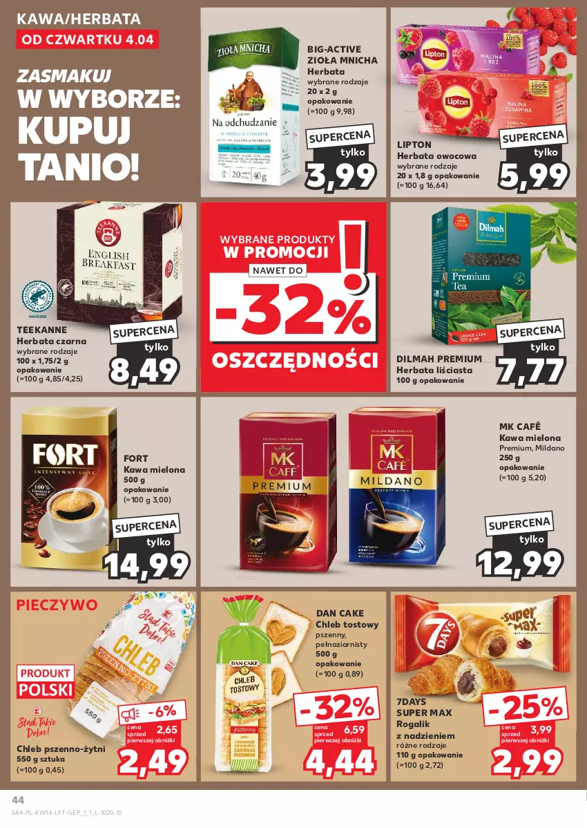 Gazetka promocyjna Kaufland - Gazetka tygodnia - ważna 04.04 do 10.04.2024 - strona 44 - produkty: Chleb, Chleb tostowy, Dan Cake, Dilmah, Herbata, Herbata czarna, Herbata owocowa, Kawa, Kawa mielona, Lipton, Piec, Pieczywo, Rogal, Teekanne