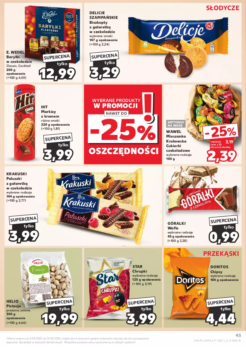 Gazetka promocyjna Kaufland - Gazetka tygodnia - ważna 04.04 do 10.04.2024 - strona 45 - produkty: Baryłki, Biszkopty, Chipsy, Chrupki, Cukier, Cukierki, Cukierki czekoladowe, Delicje, E. Wedel, Gala, Góralki, Helio, Krakus, Krakuski, Pistacje, Wafle, Wawel