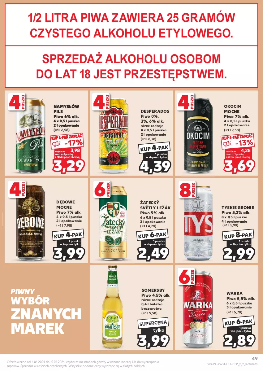 Gazetka promocyjna Kaufland - Gazetka tygodnia - ważna 04.04 do 10.04.2024 - strona 49 - produkty: Desperados, Gra, Koc, Namysłów, Okocim, Piwa, Piwo, Somersby, Tyskie, Warka