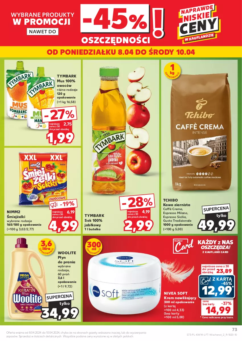 Gazetka promocyjna Kaufland - Gazetka tygodnia - ważna 04.04 do 10.04.2024 - strona 73 - produkty: Kawa, Kawa ziarnista, Krem nawilżający, Mus, Nimm2, Nivea, Płyn do prania, Sok, Tchibo, Tymbark, Woolite