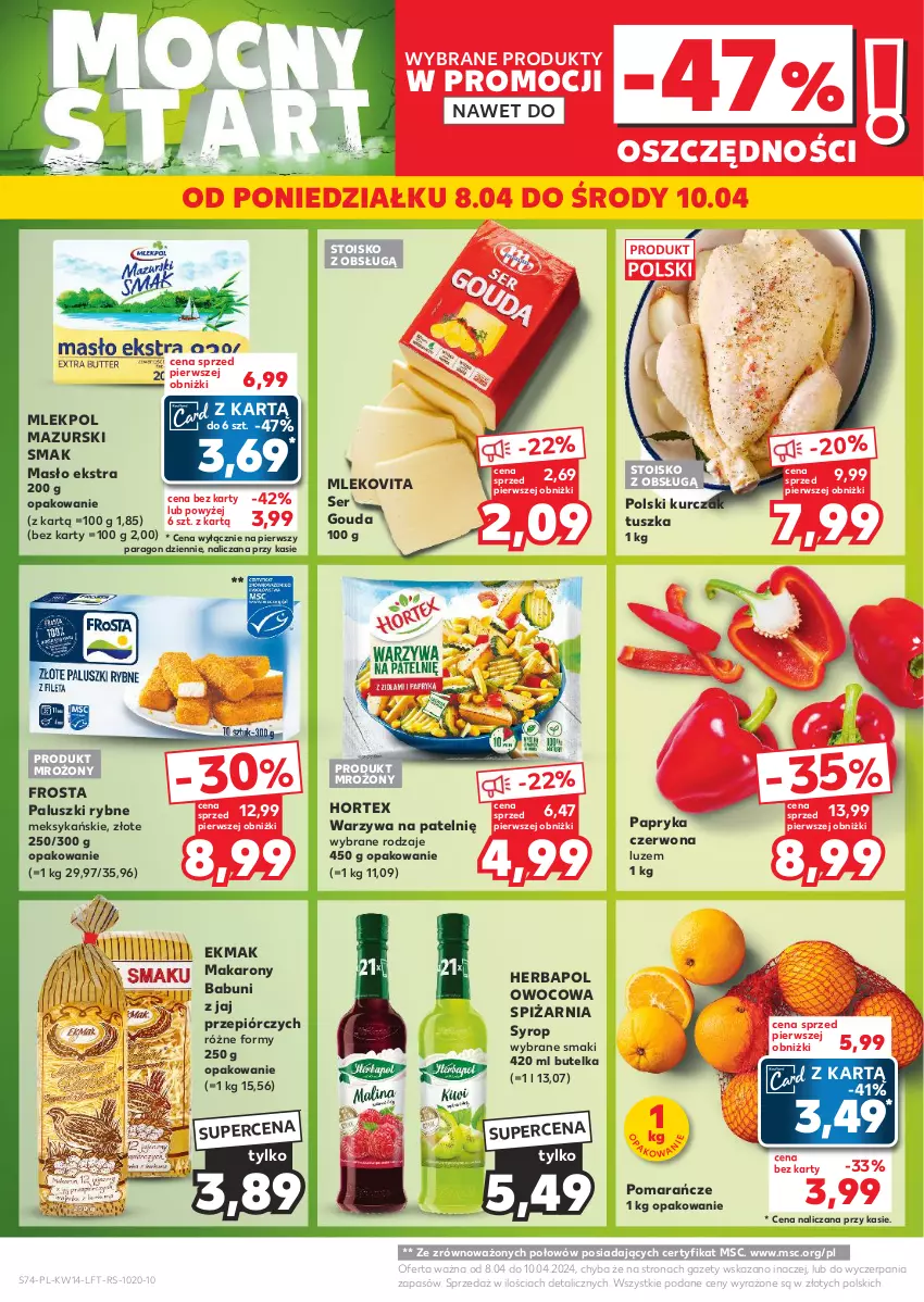 Gazetka promocyjna Kaufland - Gazetka tygodnia - ważna 04.04 do 10.04.2024 - strona 74 - produkty: Babuni, Frosta, Gouda, Herbapol, Hortex, Kurczak, Makaron, Masło, Mleko, Mlekovita, Paluszki rybne, Papryka, Papryka czerwona, Pomarańcze, Ser, Syrop, Tusz, Warzywa