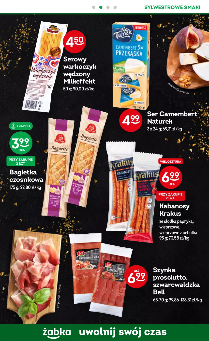 Gazetka promocyjna Żabka - ważna 28.12.2022 do 03.01.2023 - strona 13 - produkty: Bagietka, Bagietka czosnkowa, Bell, Camembert, Kabanos, Koc, Krakus, NaTurek, Prosciutto, Ser, Szynka