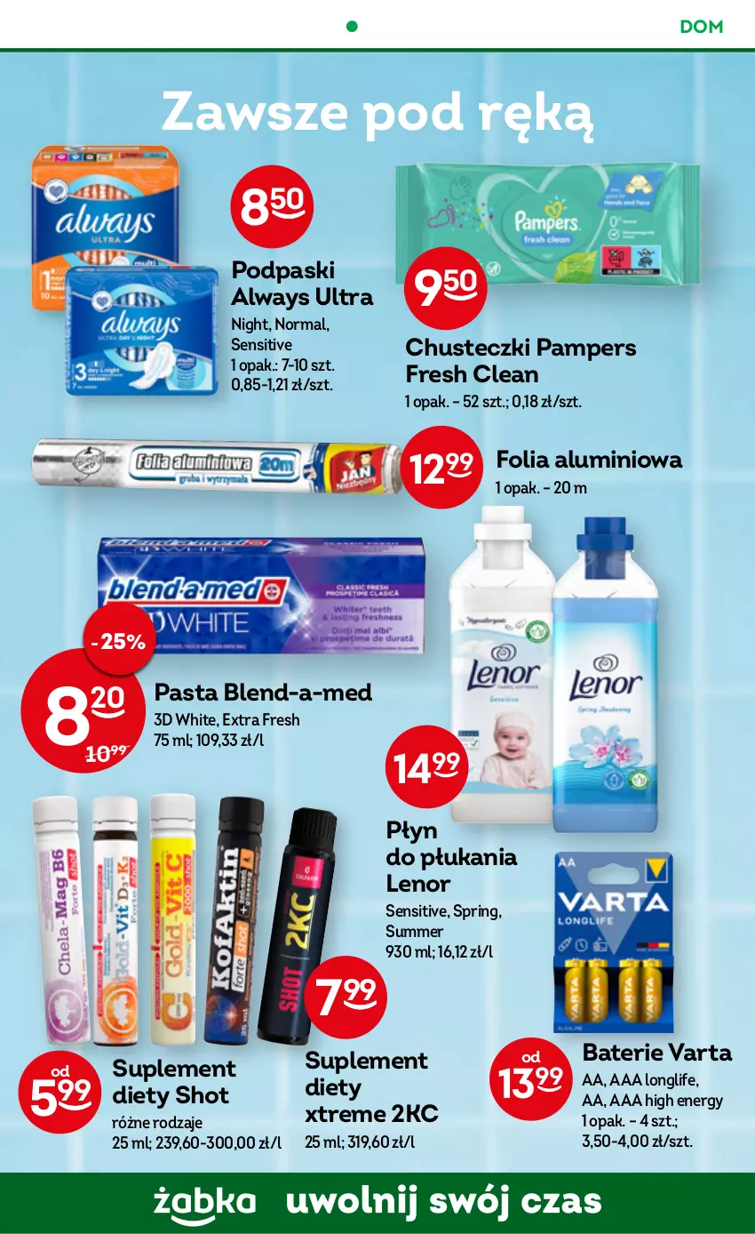 Gazetka promocyjna Żabka - ważna 28.12.2022 do 03.01.2023 - strona 44 - produkty: Always, Always Ultra, Blend-a-Med, Chusteczki, Folia aluminiowa, Lenor, Pampers, Płyn do płukania, Podpaski, Suplement diety, Varta