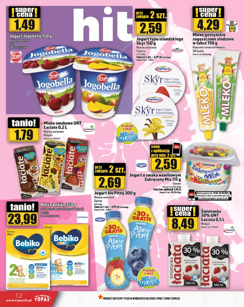 Gazetka promocyjna Topaz - Gazetka - ważna 19.09 do 25.09.2024 - strona 12 - produkty: Bell, Bella, Danone, Isla, Jogurt, Mleko, Mleko smakowe, Piątnica, Top