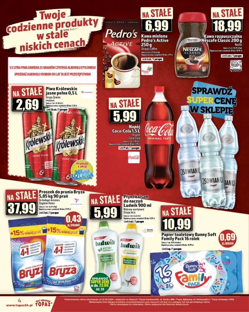 Gazetka promocyjna Topaz - Gazetka - ważna 19.09 do 25.09.2024 - strona 4 - produkty: Bryza, Fa, Kawa, Kawa mielona, Królewski, Ludwik, Papier, Papier toaletowy, Piwo, Proszek do prania