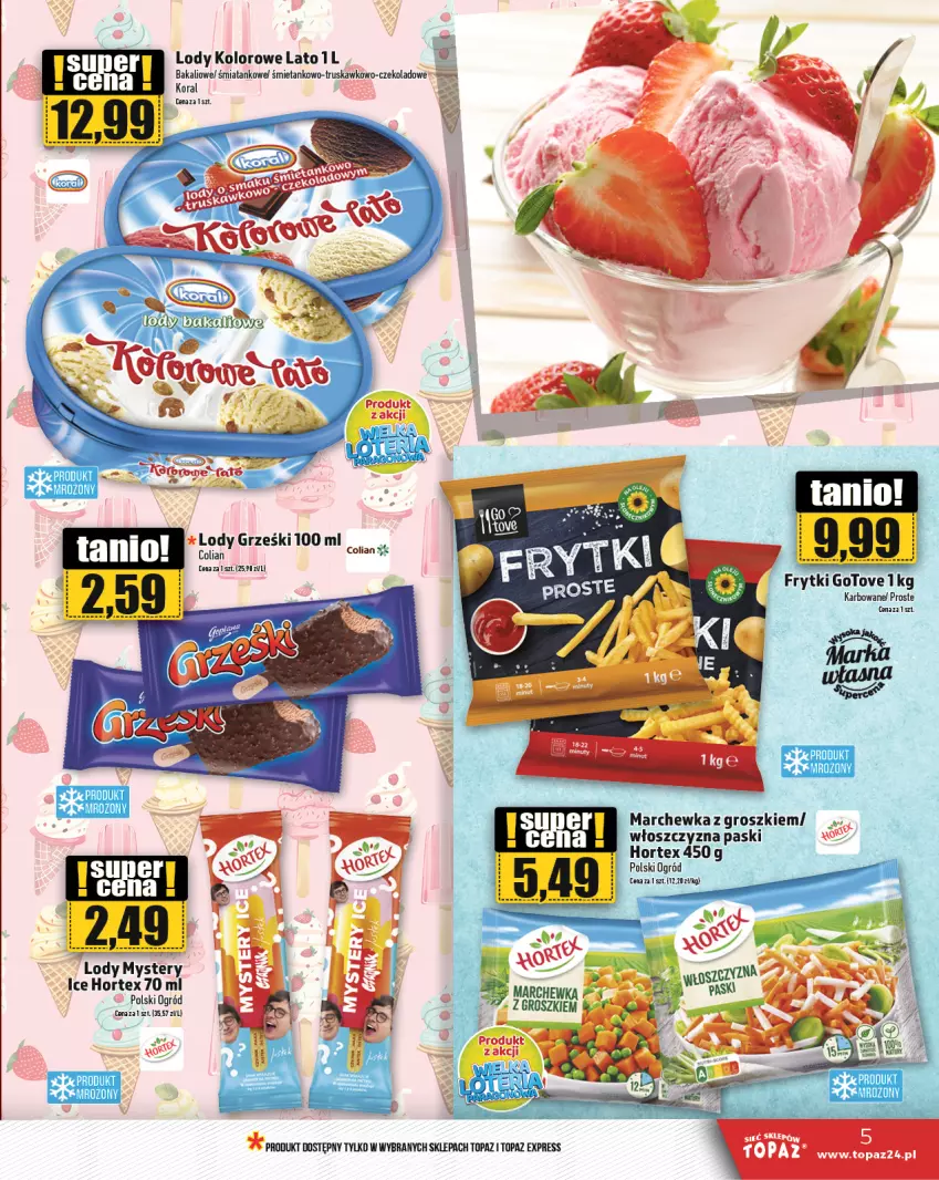 Gazetka promocyjna Topaz - Gazetka - ważna 19.09 do 25.09.2024 - strona 5 - produkty: Frytki, Grześki, Hortex, Lody, Marchewka, Ogród, Top