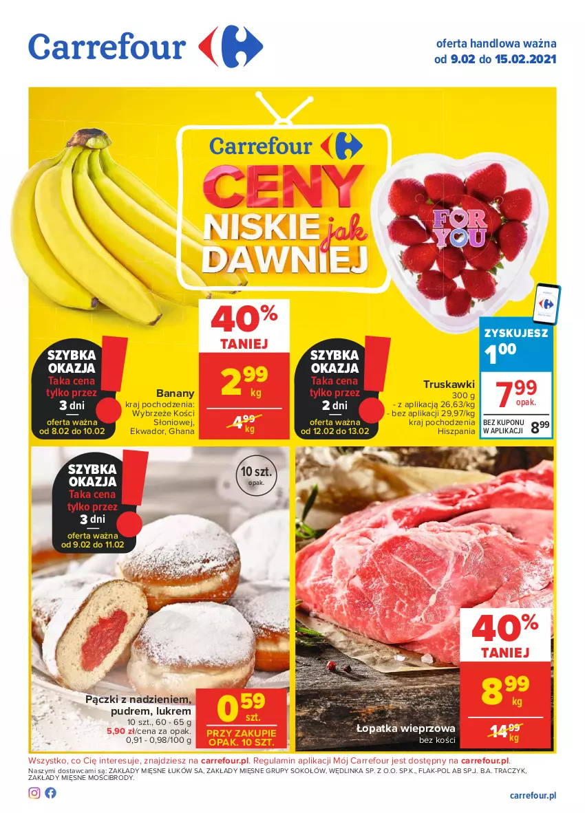 Gazetka promocyjna Carrefour - Gazetka Carrefour - ważna 08.02 do 15.02.2021 - strona 1 - produkty: Banany, Inka, Sok, Sokołów, Truskawki