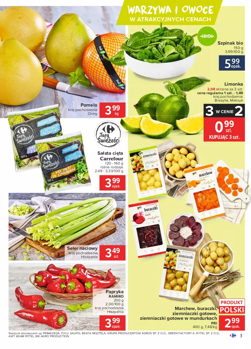 Gazetka promocyjna Carrefour - Gazetka Carrefour - ważna 08.02 do 15.02.2021 - strona 3 - produkty: Buraczki, Fa, Limonka, Owoce, Papryka, Pomelo, Prima, Sałat, Seler naciowy, Szpinak, Warzywa, Warzywa i owoce