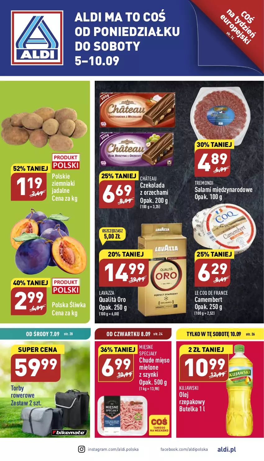 Gazetka promocyjna Aldi - Pełny katalog - ważna 05.09 do 10.09.2022 - strona 1 - produkty: Camembert, Czekolada, Fa, Gra, Kujawski, Lavazza, Mięso, Mięso mielone, Mięso mielone z szynki, Olej, Olej rzepakowy, Rower, Salami, Ziemniaki