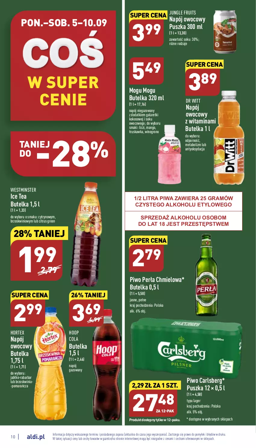 Gazetka promocyjna Aldi - Pełny katalog - ważna 05.09 do 10.09.2022 - strona 10 - produkty: Carlsberg, Gala, Galaretki, Gra, Hoop, Hortex, Ice tea, Kokos, Liczi, Mango, Napój, Napój gazowany, Napój niegazowany, Perła, Piwa, Piwo, Por, Sok, Wino