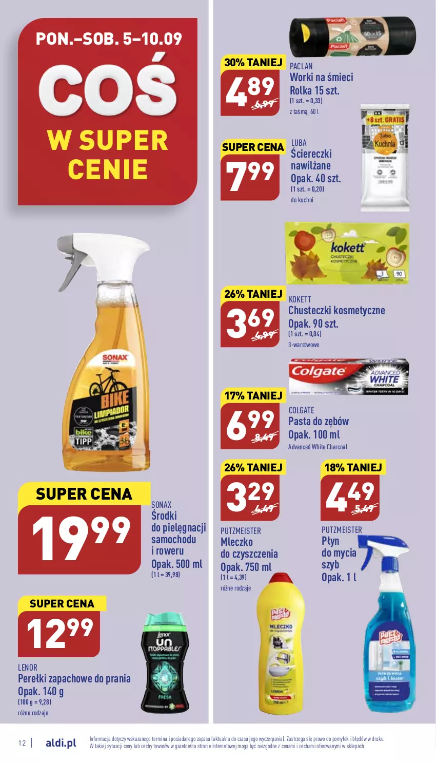 Gazetka promocyjna Aldi - Pełny katalog - ważna 05.09 do 10.09.2022 - strona 12 - produkty: Chusteczki, Chusteczki kosmetyczne, Colgate, Lenor, LG, Mleczko, Pasta do zębów, Perełki zapachowe, Płyn do mycia, Putzmeister, Rower, Sonax, Worki na śmiec, Worki na śmieci