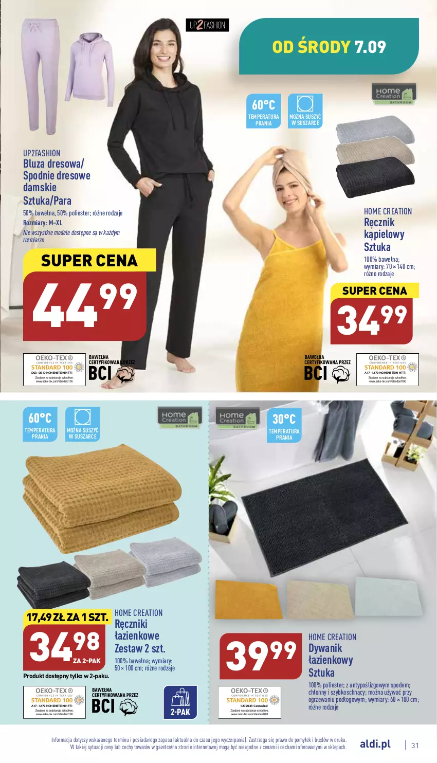 Gazetka promocyjna Aldi - Pełny katalog - ważna 05.09 do 10.09.2022 - strona 31 - produkty: Bluza, Bluza dresowa, Dres, Dywan, Dywanik, Dywanik łazienkowy, Fa, Ręcznik, Ręcznik kąpielowy, Spodnie, Spodnie dresowe, Wełna