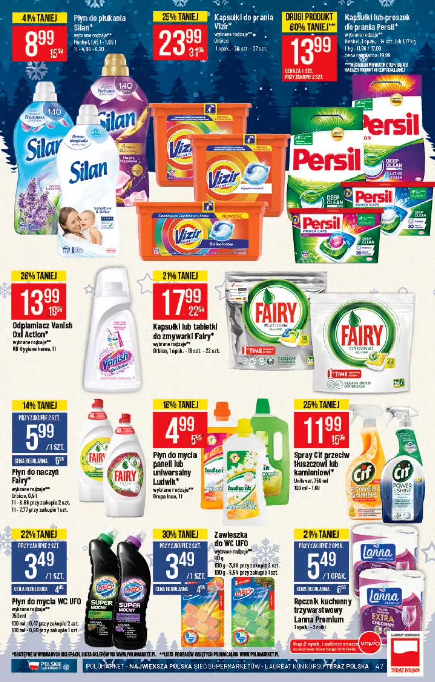 Gazetka promocyjna PoloMarket - Gazetka pomocyjna - ważna 15.12 do 21.12.2021 - strona 47 - produkty: BIC, Cif, Fa, Kapsułki do prania, Laur, Ludwik, Odplamiacz, Płyn do mycia, Ręcznik, Ręcznik kuchenny, Silan, Tablet, Tera, Vanish, Zmywarki