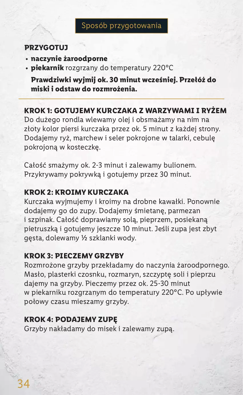 Gazetka promocyjna Lidl - KATALOG DELUXE I BELBAKE - ważna 05.11 do 31.12.2021 - strona 34 - produkty: Bulion, Grzyby, Kawa, Kurczak, Lanki, Lion, Masło, Naczynie żaroodporne, Olej, Parmezan, Piec, Piekarnik, Pieprz, Plasterki, Por, Ryż, Szpinak, Warzywa, Zupa