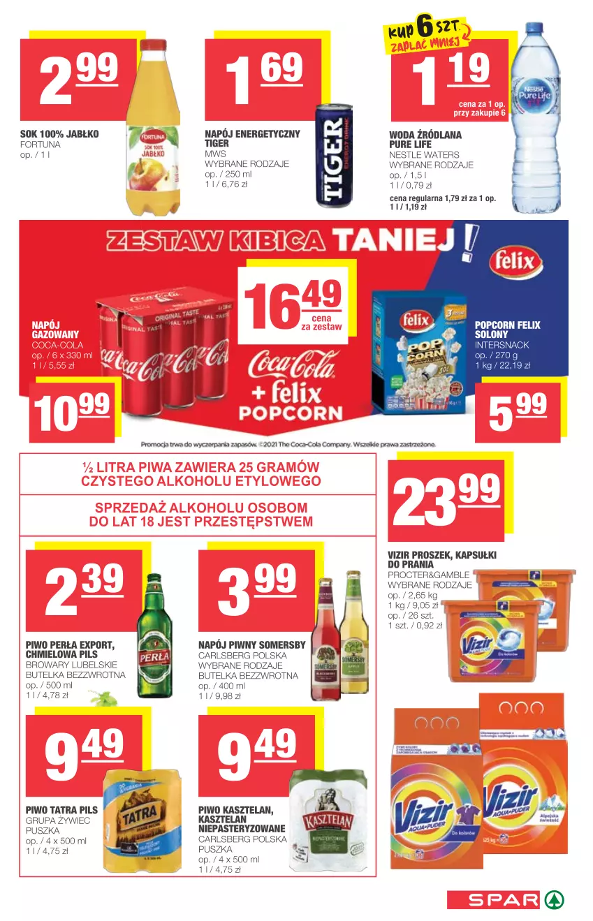 Gazetka promocyjna Spar - Spar - ważna 16.06 do 22.06.2021 - strona 7 - produkty: Carlsberg, Coca-Cola, Fa, Felix, Fortuna, Kapsułki do prania, Kasztelan, LANA, Perła, Piwo, Por, Pur, Sok, Somersby, Tatra, Tiger, Vizir, Woda