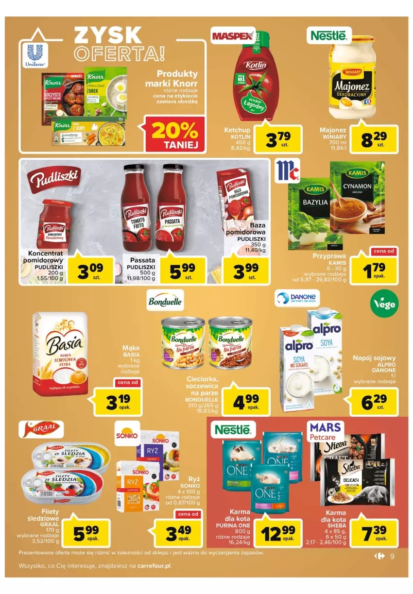 Gazetka promocyjna Carrefour - Gazetka Wielki wybór cenionych marek - ważna 01.03 do 12.03.2022 - strona 9 - produkty: Alpro, Bonduelle, Danone, Mąka, Mars, Pudliszki, Pur, Purina, Sheba, Tapeta