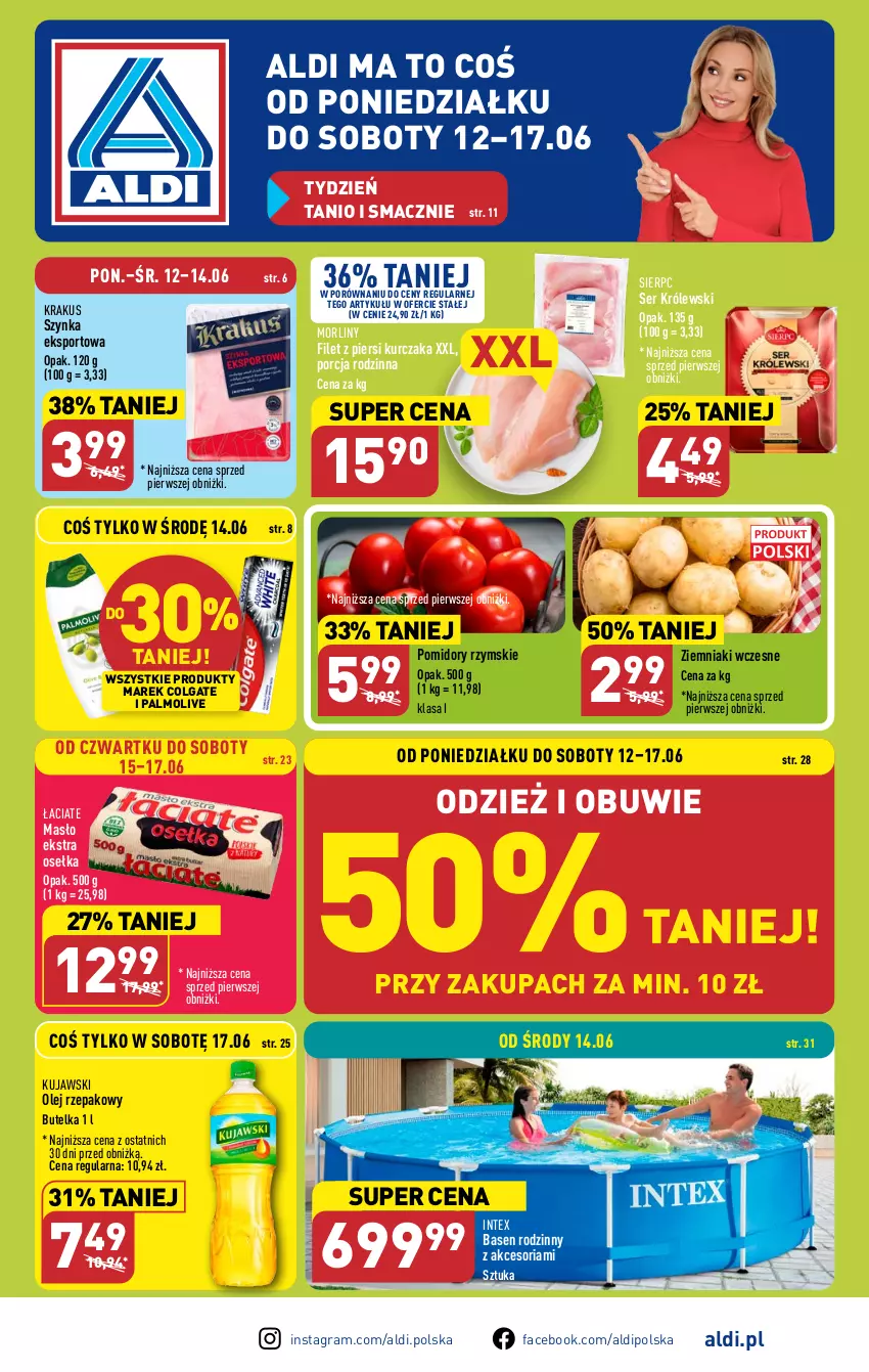 Gazetka promocyjna Aldi - Pełen katalog od 12.06 - ważna 12.06 do 17.06.2023 - strona 1 - produkty: Colgate, Fa, Filet z piersi kurczaka, Gra, Krakus, Królewski, Kujawski, Kurczak, LG, Masło, Morliny, Obuwie, Olej, Olej rzepakowy, Palmolive, Pomidory, Por, Ser, Sport, Szynka, Ziemniaki