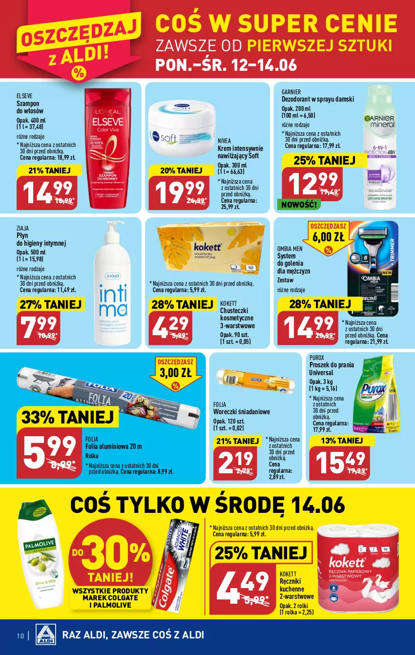 Gazetka promocyjna Aldi - Pełen katalog od 12.06 - ważna 12.06 do 17.06.2023 - strona 10 - produkty: Chusteczki, Chusteczki kosmetyczne, Colgate, Danio, Dezodorant, Elseve, Folia aluminiowa, Garnier, LG, Nivea, Palmolive, Płyn do higieny intymnej, Proszek do prania, Pur, Ręcznik, Rolki, Szampon, Ziaja