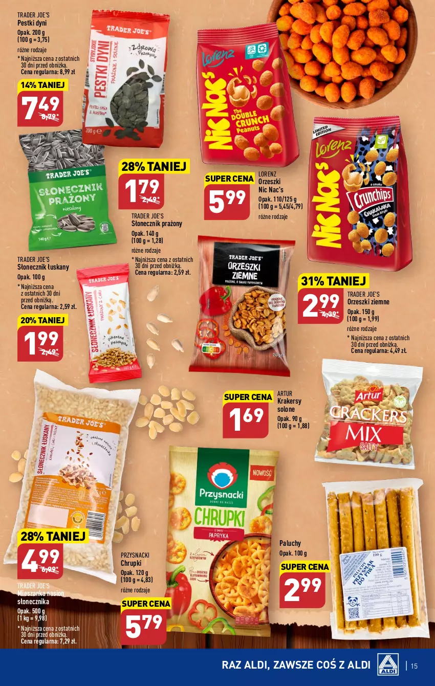 Gazetka promocyjna Aldi - Pełen katalog od 12.06 - ważna 12.06 do 17.06.2023 - strona 15 - produkty: Artur, Chrupki, Krakersy, Lorenz, Orzeszki, Orzeszki ziemne, Pestki dyni, Przysnacki, Słonecznik prażony