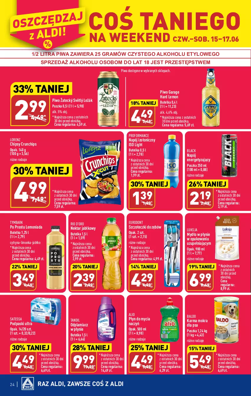 Gazetka promocyjna Aldi - Pełen katalog od 12.06 - ważna 12.06 do 17.06.2023 - strona 24 - produkty: Chipsy, Crunchips, Do mycia naczyń, Gra, Lack, Lemoniada, Limonka, Lorenz, Luksja, Mydło, Mydło w płynie, Napój, Napój izotoniczny, Nektar, Odplamiacz, Piwa, Piwo, Płyn do mycia, Płyn do mycia naczyń, Podpaski, Tymbark